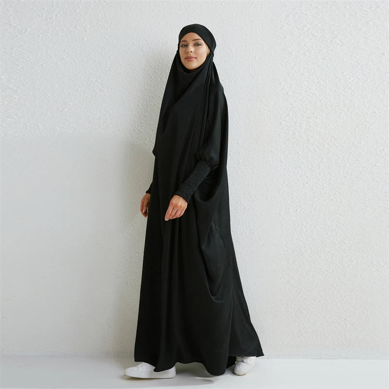Muslim Abaya Hooded Smocking Sleeve One-piece Prayer Dress Women | Hooded Prayer Abaya for Women | One-Piece Smocking Sleeve Dress