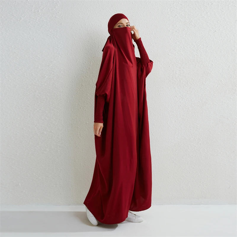 Muslim Abaya Hooded Smocking Sleeve One-piece Prayer Dress Women | Hooded Prayer Abaya for Women | One-Piece Smocking Sleeve Dress