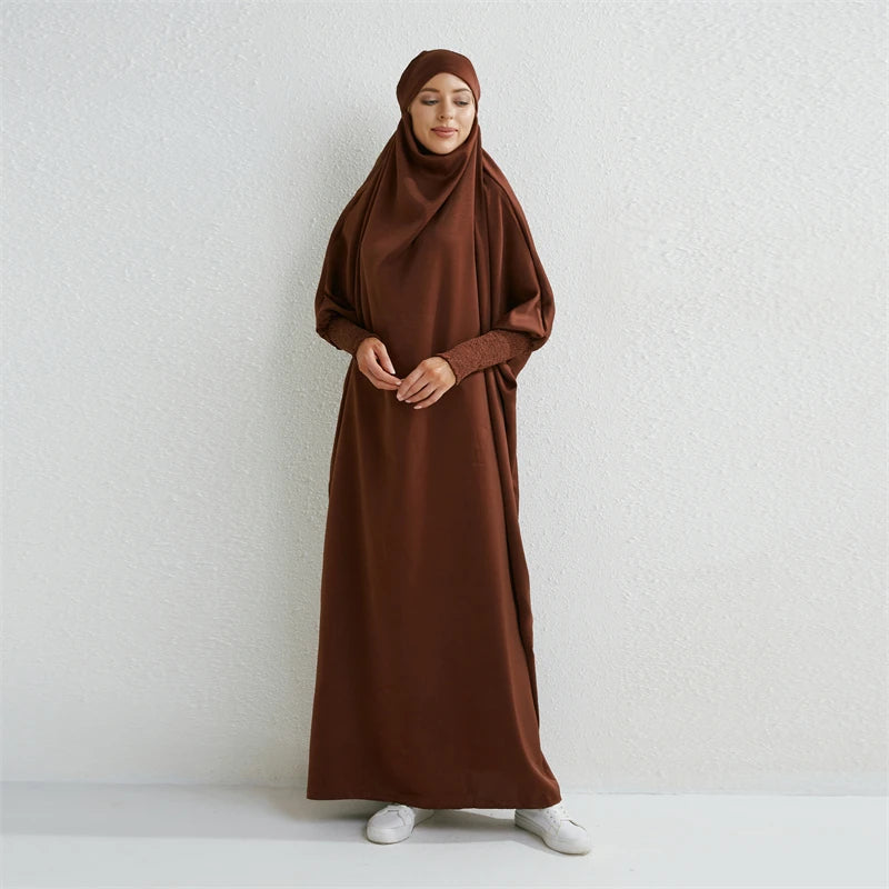 Muslim Abaya Hooded Smocking Sleeve One-piece Prayer Dress Women | Hooded Prayer Abaya for Women | One-Piece Smocking Sleeve Dress
