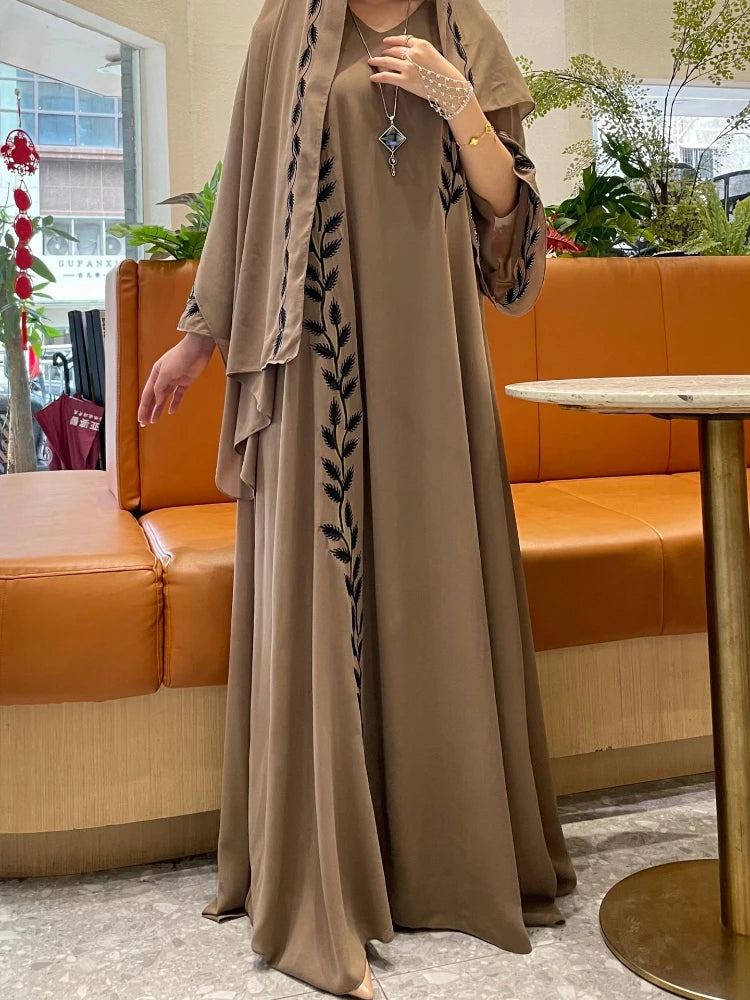 Eid Muslim Abaya for Women Embroidery Dress with Scarf 2 Piece Set|Eid Embroidery Abaya 2 Piece Set with Scarf for Women